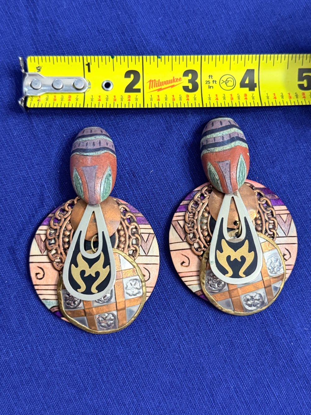 Hand-Painted Geometric Drop Earrings in Purple & Peach